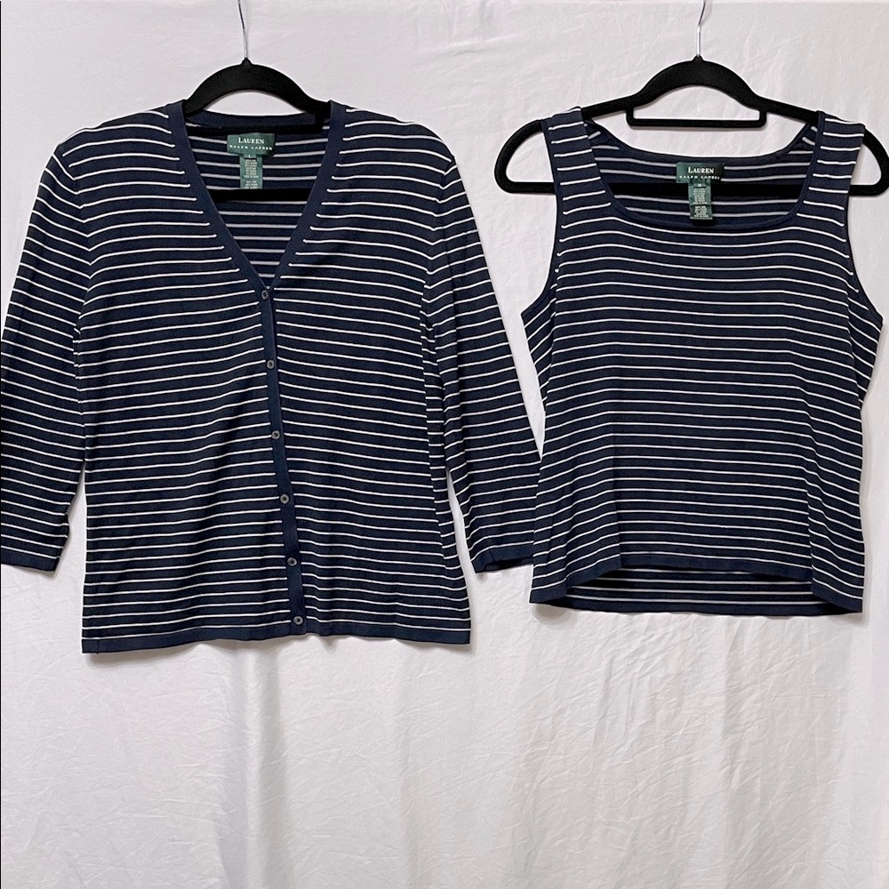 Ralph Lauren Silk Blend Navy & White Striped Classic Cardigan & Tank Set, M